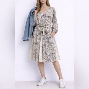 DAVI & DANI Long Sleeve Patterned Dress - Black, Cream, Tan